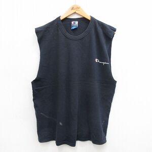 XL/古着 チャンピオン Champion ビンテージ ノースリーブ Tシャツ メンズ 90s ワンポイントロゴ コットン クルーネック 紺