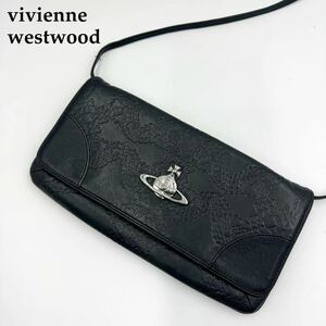 1円 【極美品】 vivienne westwood ヴィヴィアンウエストウッド ショルダーバッグ ポーチ オーブ金具 型押し 総柄 レザー 黒 ブラック