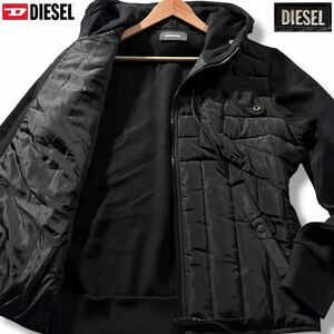 未使用級/XLサイズ相当●DIESEL ディーゼル ナイロン切替 パーカー 中綿 ジップ ジャケット 羽織り ストレッチ フードロゴ 裏起毛 黒 