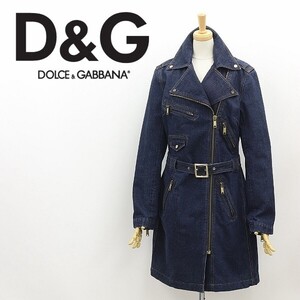 国内正規品◆D&G ドルチェ＆ガッバーナ 裏地総柄 中綿 ベルテッド ライダース デニム コート インディゴ S