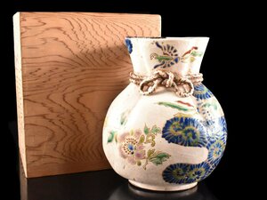 【雲】某資産家買取品 古清水 色絵花鳥絵付巾着形花瓶 高さ19.3cm 箱付 古美術品(仁清花器花瓶壺)AY1776 OTdgkl CTDhbm