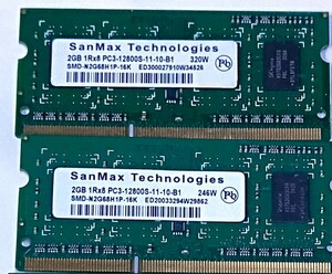 【中古パーツ】PC3 ノートパソコン用 DDR3 メモリ SanMaxTechnologies 2GB 1RX8 PC3-12800S-11-10-B1 2GBx2枚 計4GB　送料無料■N(221) 