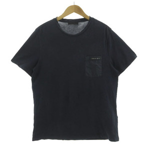 プラダ PRADA ラバーロゴナイロン切り替えポケットTシャツ SJN250 R192 710 胸ポケ 半袖 コットン混 ネイビー 紺 S メンズ