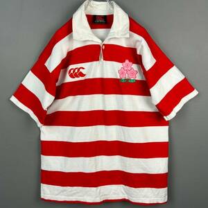 Wn251 ニュージーランド製 90s Canterbury カンタベリー ラグビー 日本代表 半袖 ラガーシャツ さくら 紅白 ワッペン 刺繍 メンズ L