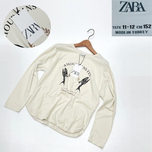 /152cm/ ZARA ベージュ ロンティ 長袖Tシャツ キッズ 女の子 男の子 レディース タグ カジュアル トップス ラインストーン ザラ