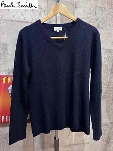 美品 ポールスミス アンゴラ/カシミア混 ウール リブ Vネック セーター 紺 L メンズ PAUL SMITH 473412