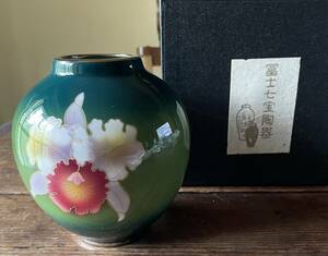 新品 未使用 富士 七宝 陶器 花瓶 グラデーション 蘭 花 フラワーベース 翡翠