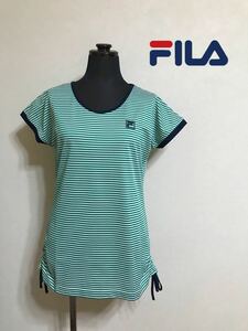 【美品】 FILA フィラ レディース トレーニング ドライ ウェア トップス サイズM 半袖 緑白 ボーダー柄 テニス バドミントン FL8814