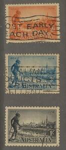 外国切手　AUSTRALIA 1934年 ヴィクトリア100年　3種 (142-4)　使用済　黒の裏に書込み有　