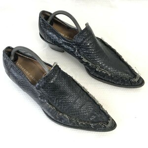 KATHARINE HAMNETT☆蛇革?/ポインテッドトゥ/スリッポン【L/26.5-27.0/黒/BLACK】ヴァンプシューズ/ビジネス/dress shoes○BA-183