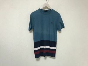 本物フレッドペリーFREDPERRYコットンボーダーロゴ刺繍半袖Tシャツメンズサーフアメカジミリタリーストリートスケーター青ブルーM