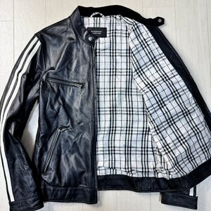 美品/Mサイズ★バーバリー/BURBERRY BLACK LABEL チェック総柄 高級羊革 ラムレザー ライダース ジャケット ブルゾン 袖ライン メンズ 黒