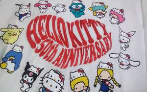 HELLOKITTY 50周年！胸元&後ろハートロゴ刺繍入りキティちゃんお帽子でお友達でお祝い♪白色半袖Tシャツ(o^―^o)大きいサイズ３Ｌ～４Ｌ