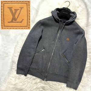 本物 美品 ルイヴィトン 裏地起毛 LVレザーパッチ ZIP UP パーカー S グレー LOUIS VUITTON