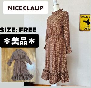 美品【ナイスクラップ】総柄 フリルスタンドカラー 袖フレア ワンピース FREE