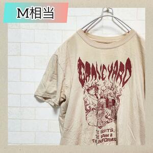 Tシャツ/カットソー 半袖 プリント ロゴ　ベージュ M相当　カジュアル　夏 　2187