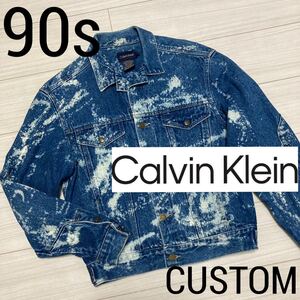 90s カスタム 1点物■Calvin klein■ブリーチ デニムジャケット S ブルー ホワイト ケミカル クラッシュ リメイク カルバンクライン USA製