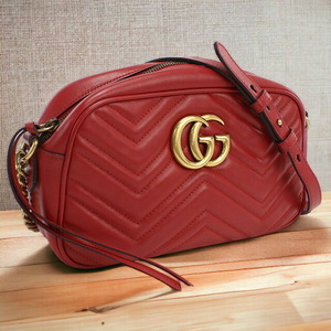 中古 グッチ 斜め掛け ショルダーバッグ レディース ブランド GUCCI GGマーモント スモール ショルダー レザー 447632 レッド