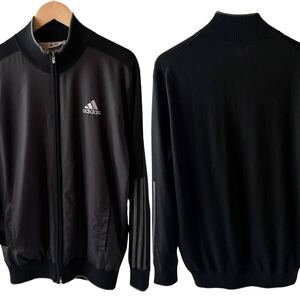 アディダス adidas ダブルジップ 防風ニット ジャケット O (XL) ブラック グレー ハイネック ニット 黒 ゴルフジャケット