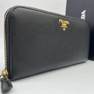 極美品●PRADA プラダ 長財布 ラウンドファスナー サフィアーノレザー ウォレット ブラック 本革 黒 メンズ レディース 金ロゴ ビジネス 