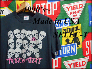 ★かっこいいスカルヘッド★Made in USA製アメリカ製SELEC-Tセレックティビンテージ発泡プリントTシャツ黒90s90年代XLTRICK or TREAT@IAAC