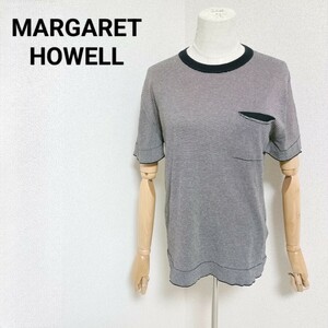 マーガレットハウエル MARGARET HOWELL 美品 半袖ニットTシャツ トップス ボーダー 胸ポケット 黒色 ブラック イギリス製 M メンズ