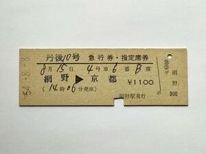 【希少品セール】国鉄 丹後10号 急行券・指定席券 (網野→京都) 網野駅発行 00732