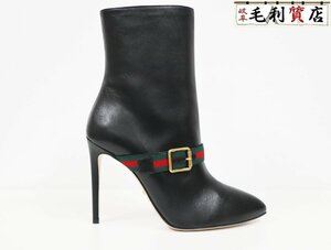 グッチ GUCCI ショートブーツ ブラック レザー 39 26cm ブラック レザー 475653 BTMO0 1060 リボン 極上美品 靴 ブーツ