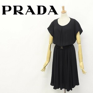 国内正規品◆PRADA/プラダ サッシュベルト付 フロントタック ギャザー フレア ブラウジング ワンピース ブラック 40