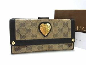 1円 GUCCI グッチ 208566 0416 GG柄 コーティングキャンバス×レザー ハート 二つ折り 長財布 ウォレット ブラウン系 FE2209