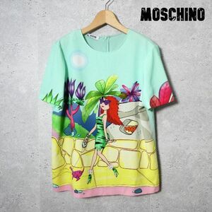 極美品 MOSCHINO モスキーノ サイズI44 プリント ストレッチあり クルーネック 半袖 カットソー Tシャツ ブラウス グリーン 緑