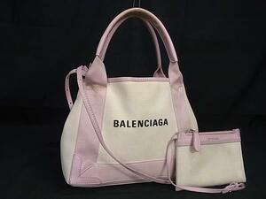 1円 BALENCIAGA バレンシアガ 390346 ネイビーカバスXS キャンバス×レザー 2WAY ハンドバッグ ショルダー アイボリー系×ピンク系 FK0491