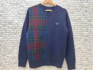 FRED PERRY フレッドペリーVネックニット F3241 ウール セーター サイズS ネイビー×チェック