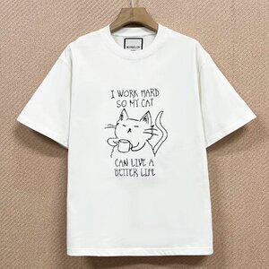 定番ヨーロッパ製※定価2万◆ブルガリア発※RISELIN 半袖Tシャツ 100% 通気 柔らかい リラックス ネコ かわいい スウェット 男女兼用 L