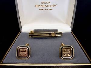 ■新品N■№0194 ジバンシイ「ロゴ柄」【GIVENCHY】【ゴールド・ブラック】■カフス＆ネクタイピン タイピン セット♪