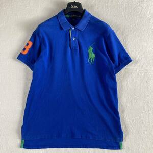 【希少Lサイズ】POLO RALPH LAUREN ラルフローレン ポロシャツ 半袖 ビックポニー 刺繍 ロゴ CUSTOM FIT メンズ 青 ブルー