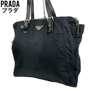 美品　PRADA プラダ　トートバッグ　ブラック　テーストナイロン　レザー　黒