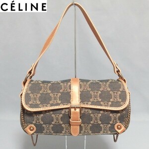 良品★CELINE マカダム ロゴ デニム ラメ チェーン セミショルダー ハンドバッグ セリーヌ★