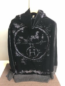 NI060189◆Hermes エルメス◆レディース ベロア 長袖 ドレープ カットソー／トップス ブラック 38 フランス製 アウター 直取歓迎！