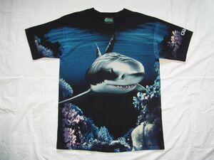 ☆美品・未着用☆ 90s ビンテージ RADICAL NATURE シャーク サメ 総柄 Tシャツ sizeL 黒 ☆USA古着 アニマル JAWS ジョーズ 80s OLD