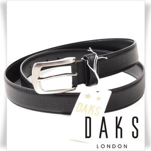 新品1円～★DAKS LONDON ダックス ロンドン 日本製 牛革レザー ビジネスベルト フリーサイズ 黒 ブラック 根元調節可能 本革 本物 ◆4616◆