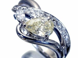 1円～【ジュエリー極】極上品 天然シャンパンイエローダイヤモンド1.013ct(SI-2)＆脇ダイヤ0.24ct 超高級Pt900リング h6406imm【送料無料】