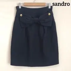 美品✨【sandro】膝丈タイトスカート 黒 リボン S 裏地付 ファスナー