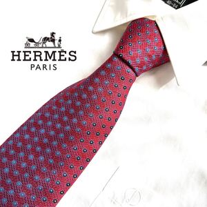 美品 HERMES エルメス ネクタイ メンズ シルクネクタイ シルク 絹 フランス製 高級 小紋柄 ビジネス カジュアル フォーマル 赤系