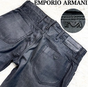 極美品/希少XL●エンポリオアルマーニ EMPORIO ARMANI 黒デニム パンツ ジーンズ イーグルスロゴ 金具 レザープレート サイドレザー 34