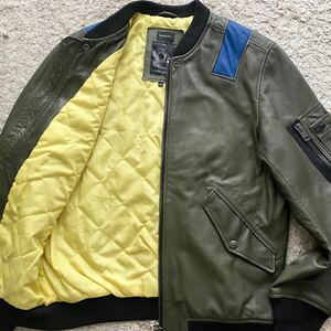 未使用級●希少XLサイズ/DIESEL ディーゼル レザージャケット ジャケット ブルゾン ラムレザー 羊革 ライダース ブレイブマンロゴ カーキ