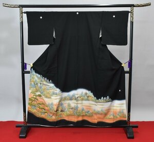 黒留袖 落款 結婚式 京風景 自然文様 五つ紋 家紋 身丈150.5cm 裄丈64.5cm ★着物 e-566