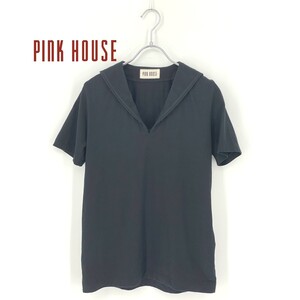 B0086/ビンテージ 極美品 PINK HOUSE ピンクハウス コットン ロゴプリント セーラーカラ― Vネック 半袖 Tシャツ カットソーM黒 レディース