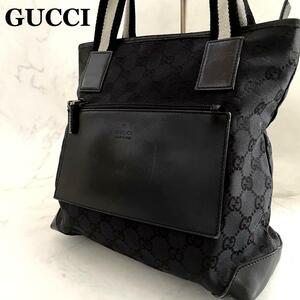 美品●GUCCI グッチ ミニトートバッグ ハンドバッグ ワンショルダーバッグ GG キャンバス レザー ブラック 黒 メンズ タブレット 収納袋