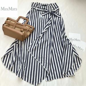 ★大きいサイズ★新品タグ付★マックスマーラ MaxMara 42/L.XL.3L ストライプ柄変形マキシロングラップスカート 旅行 リゾート おでかけ